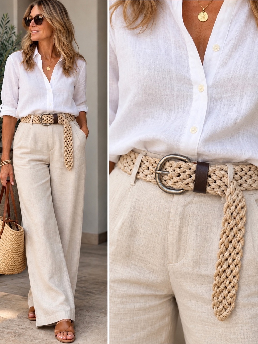 Tan Braided Rope Belt Silver Tone Buckle Boho Coastal Woven Waist Belt Like New
